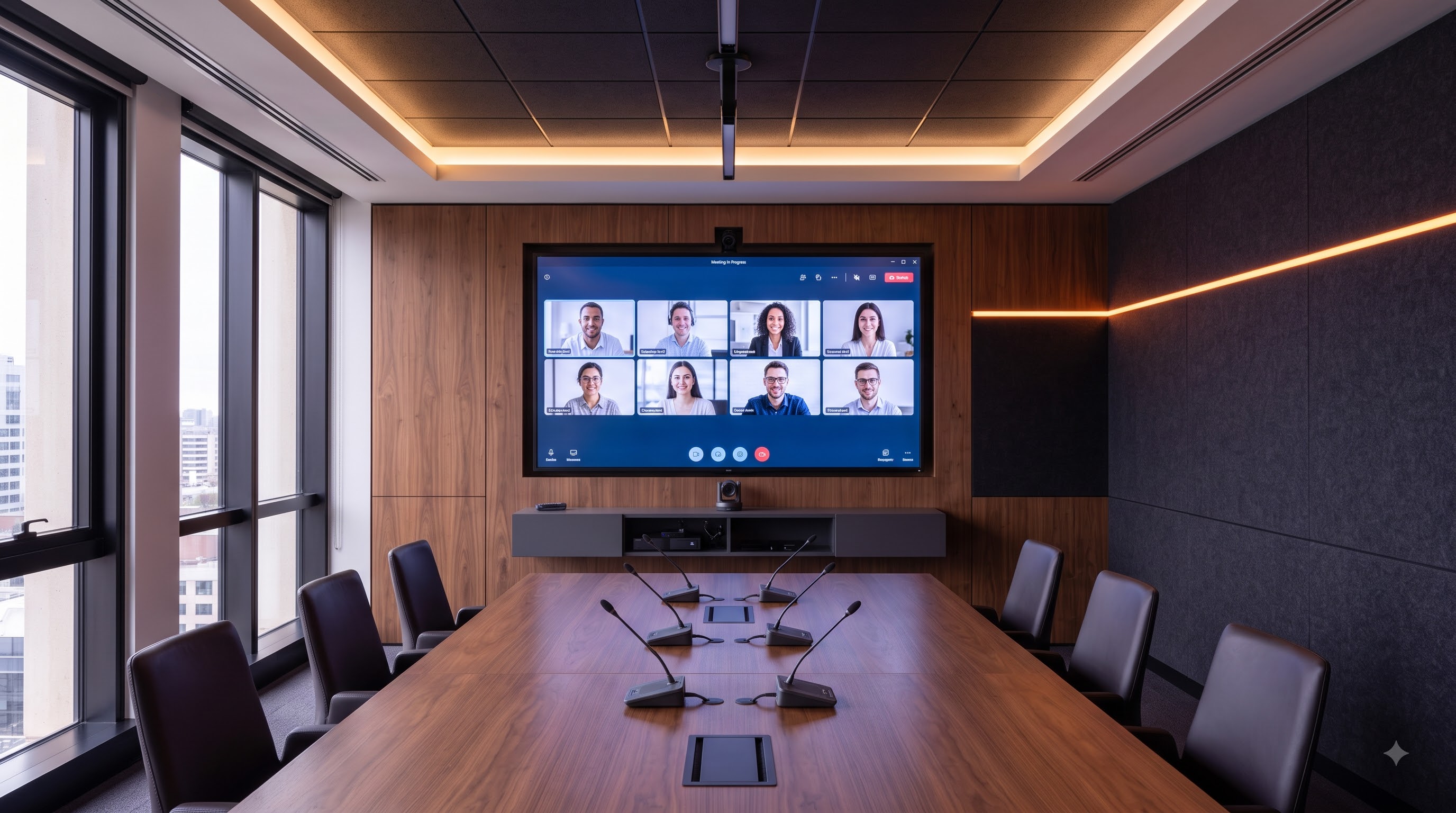 Premium audio visual integrated meeting room with wall display and collaboration technology