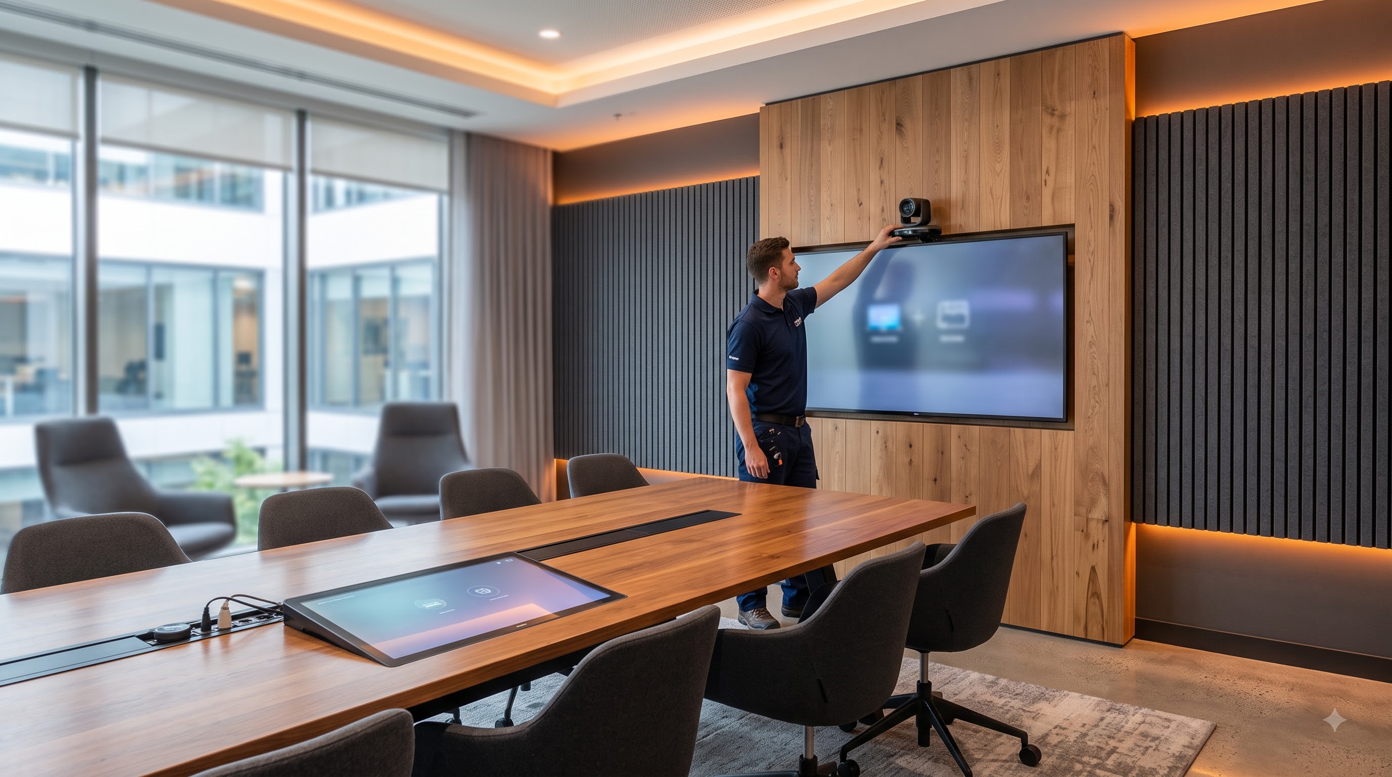 AV technician installing and configuring enterprise meeting room equipment